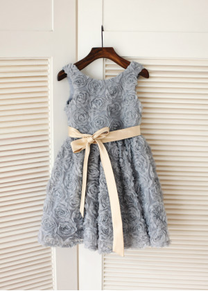 Gray Rosette Knee Length Flower Girl Dress With Champagne Sash